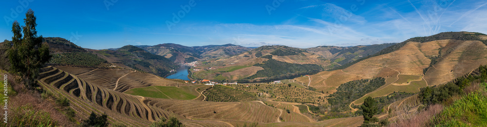 Naklejka premium Panoramic view of the Pinhao village with terraced vineyards and the Douro River, in Portugal; Concept for travel in Portugal and most beautiful places in Portugal