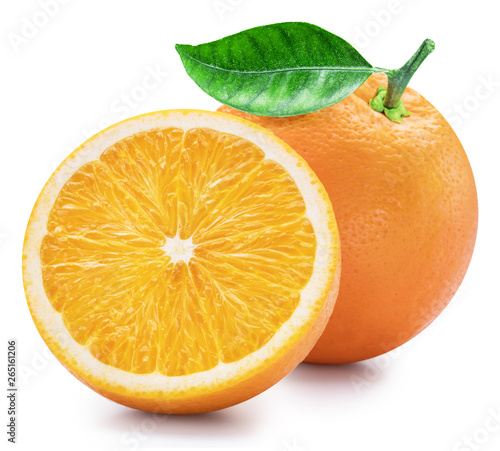 Orange fruits with orange leaves on white background. Clipping path.