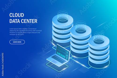 Data center concept. Cloud storage, data transfer. Data transmission technology. Vector illustration in 3d isometric style.