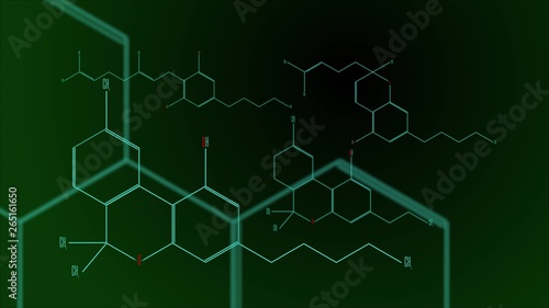 A group of cannabinoid molecules. Black and green gradient background