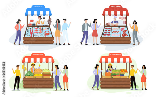 Happy farmer sell fresh organic food from farm set