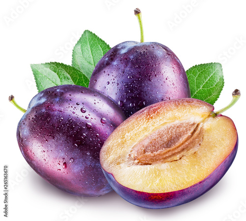 Plums with water drops on a white background. Clipping path.