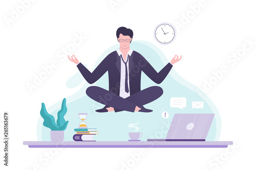 Office worker in yoga pose. Meditation on the work