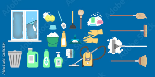 House cleaning equipment set. Collection of tools