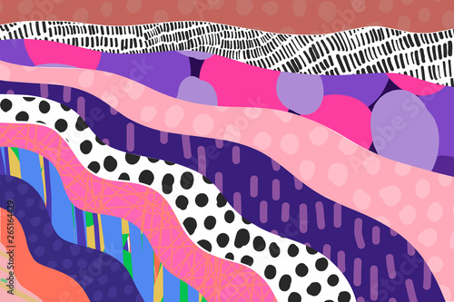 Textured cartoon hand drawn cartoon background. Vibrant colors and different forms.