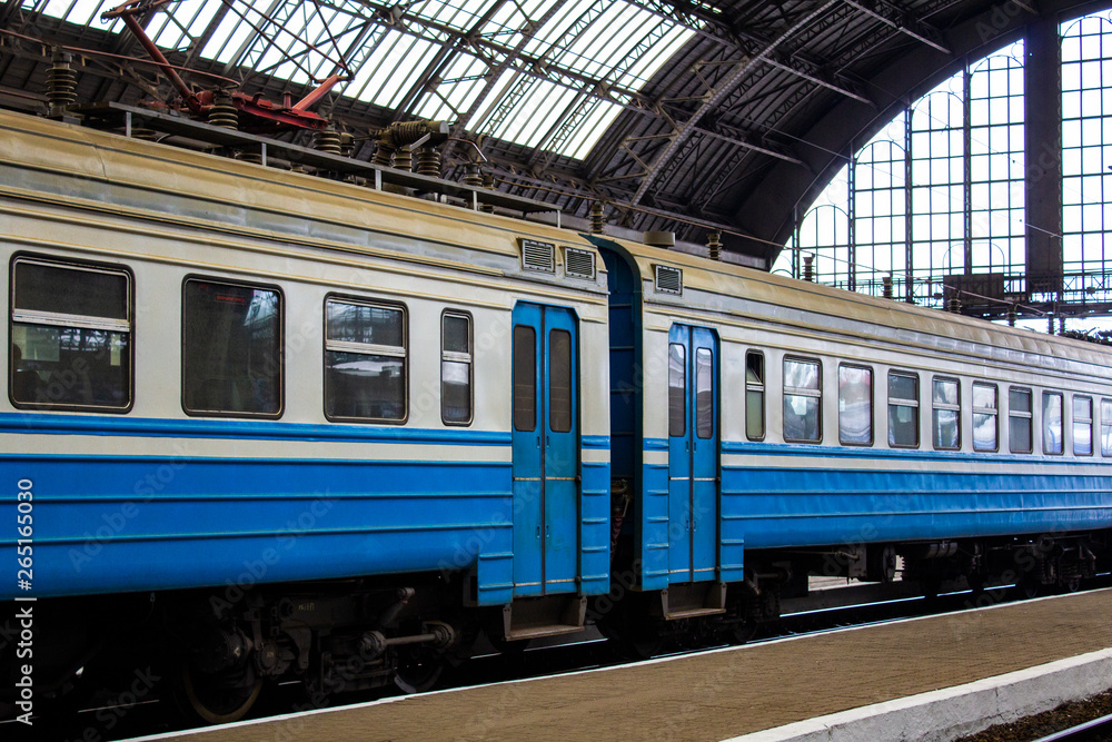 Blue cars of an electric train stopping under the roof of a covered apron of the railway station.
