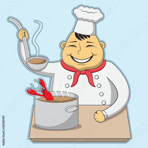 character chef cooks the lobster bisque. vector illustration