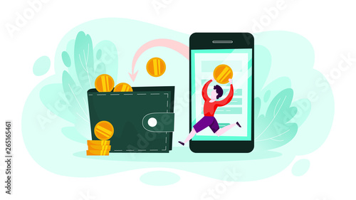 Money falling from the mobile phone in a wallet.