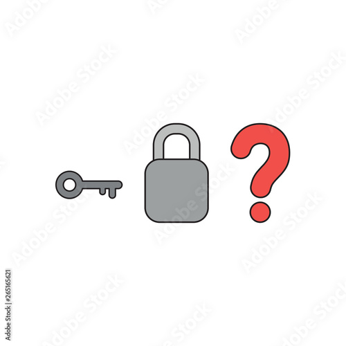 Vector icon concept of key with closed padlock without keyhole and question mark. Black outlines and colored.
