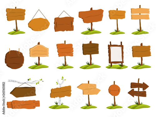 Wooden signboard set. Collection of various sign