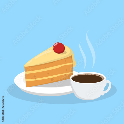 Cup of a hot tea with a tasty delicious peace of a bithday cake
