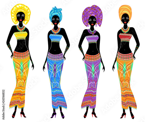 A collection of beautiful African American ladies. Girls have bright clothes, a turban on their heads. Women are young and slim. Vector illustration set