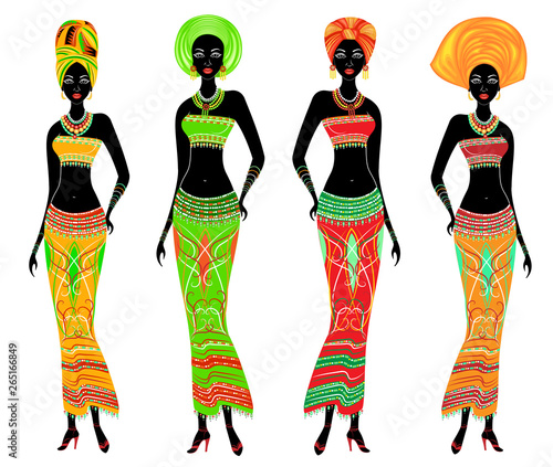 A collection of beautiful African American ladies. Girls have bright clothes, a turban on their heads. Women are young and slim. Vector illustration set