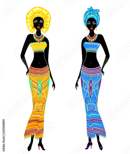 A collection of beautiful African American ladies. Girls have bright clothes, a turban on their heads. Women are young and slim. Vector illustration set