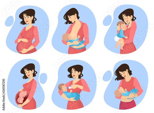 Pregnancy and maternity set. Woman breastfeeding newborn