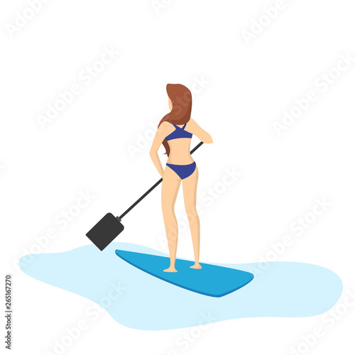 Sup-surfing woman. Sea or ocean activity. Girl standing