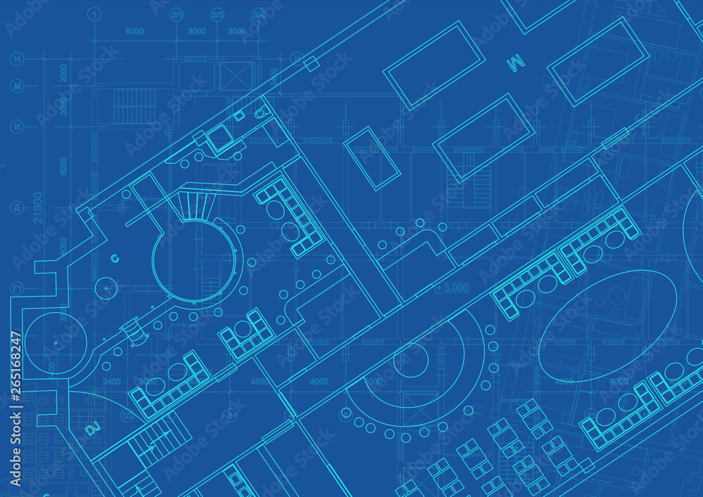 Architectural background with technical drawings. Blueprints plan texture. Drawing part of architectural project.