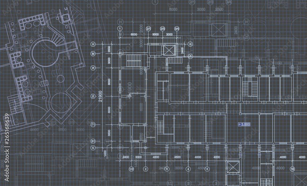 Architectural background with technical drawings. Blueprints plan texture. Drawing part of architectural project.