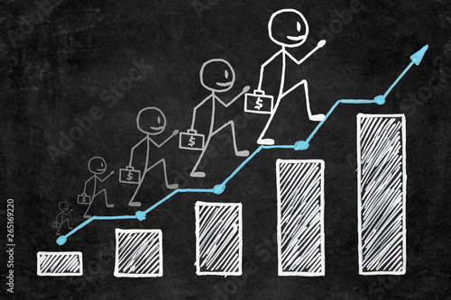 Handwritten white chalk growth graphic on blackboard. Businessman with briefcase of money climbing step by step on business stairs graph with copy space