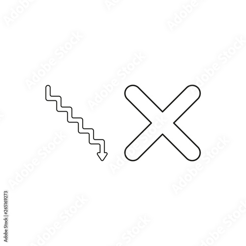 Vector icon concept of stairs with arrow pointing down and x mark. Black outline.