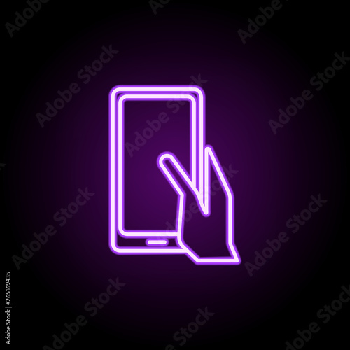 hand holds a tablet neon icon. Elements of media, press set. Simple icon for websites, web design, mobile app, info graphics