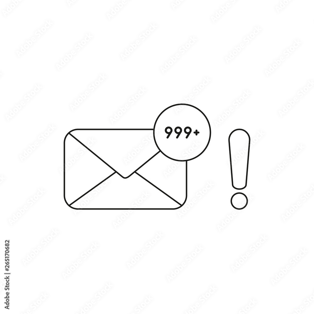 Vector icon concept of closed envelope email and lot of junk spam emails with exclamation mark. Black outline. Vector icon concept of closed envelope email and lot of junk spam emails with exclamation mark. Black outline.