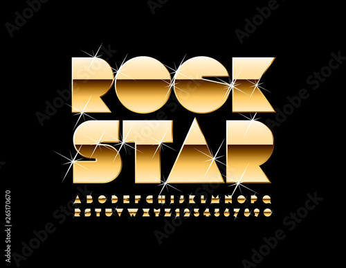 Vector golden poster Rock Star. Luxury sparkling Font. Elite Alphabet Letters, Numbers and Symbols with glitter