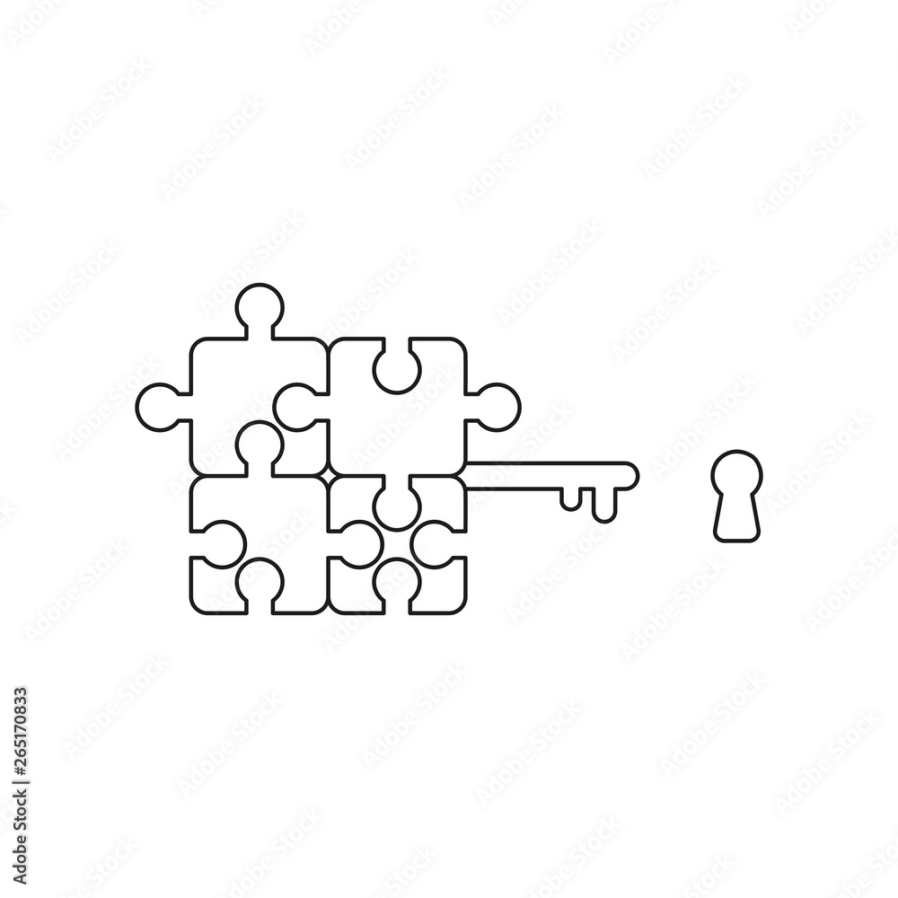 Vector icon concept of four part connected jigsaw puzzle pieces key and keyhole. Black outline. Vector icon concept of four part connected jigsaw puzzle pieces key and keyhole. Black outline.
