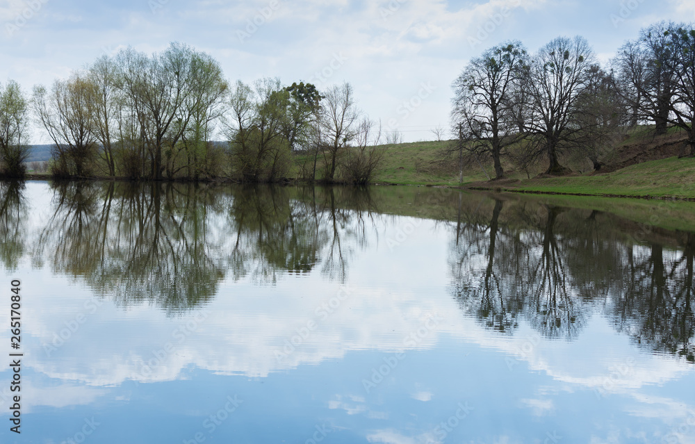 Reflection of clouds in a lake on a spring day
