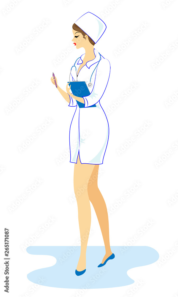 Beautiful nurse, doctor. The girl holds a folder to record the patient's medical history. The woman is an experienced professional. Vector illustration Beautiful nurse, doctor. The girl holds a folder to record the patient's medical history. The woman is an experienced professional. Vector illustration
