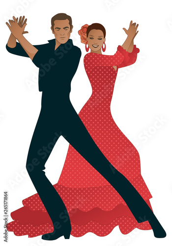 Couple playing flamenco dancers palms. Handsome man and beautiful woman with flowers in her hair and typical Spanish dance dress
