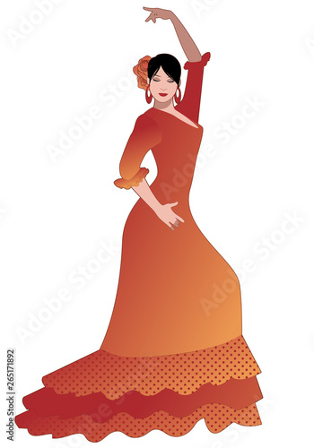 Spanish Flamenco dancer woman wearing flamenco dress and flower in her hair dancing isolated on white background