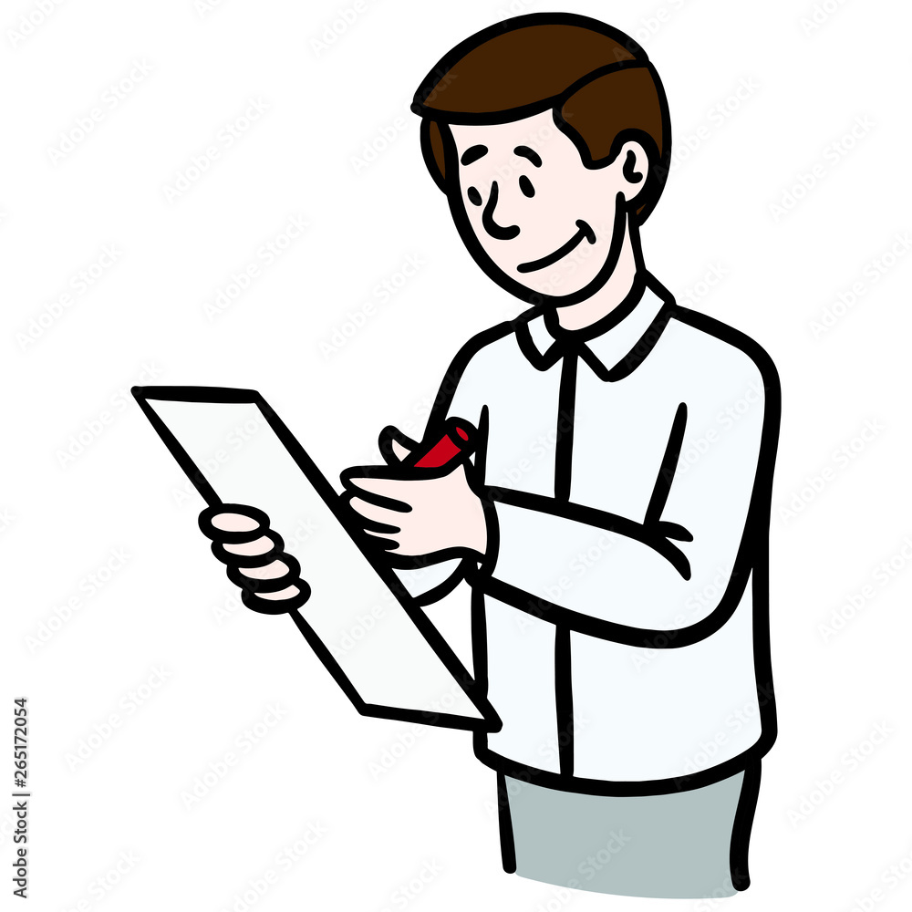 Vector illustration of a man in shirt writing something on a piece of paper. Colorfull comic