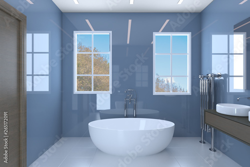 Blue bathroom with two washbasins and large windows. 3D rendering