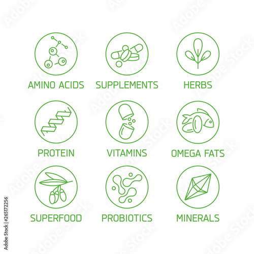 Vector set of logos, badges and icons for natural and health products. Collection symbol of healthy eating and dieting, vitamins, supplements.