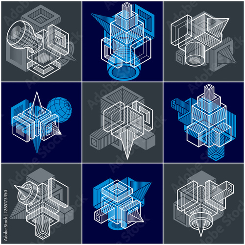 Abstract three-dimensional shapes set, vector designs.