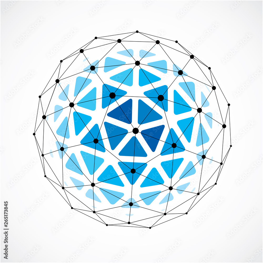 3d vector digital wireframe spherical object made using triangular facets. Geometric polygonal structure created with lines mesh. Low poly shape, blue lattice form for use in web design. 3d vector digital wireframe spherical object made using triangular facets. Geometric polygonal structure created with lines mesh. Low poly shape, blue lattice form for use in web design.