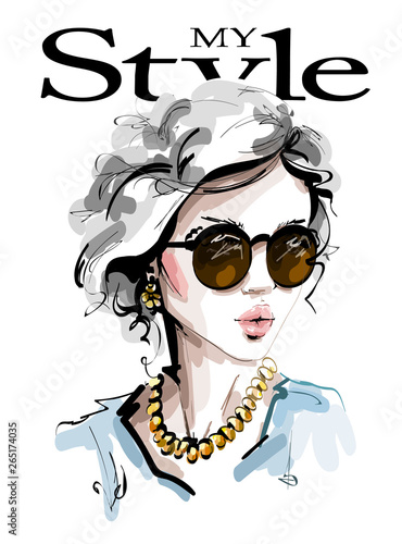 Hand drawn beautiful young woman in sunglasses.  Stylish elegant girl. Fashion woman look. Sketch. Vector illustration.