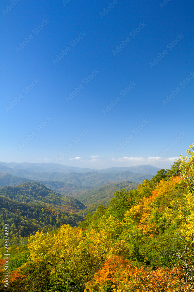Cherohala Skyway in late October at the peak of the Autumn leaf color season.