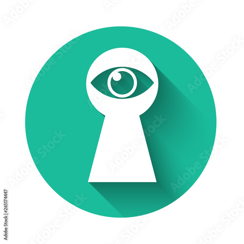 White Keyhole with eye icon isolated with long shadow. The eye looks into the keyhole. Keyhole eye hole. Green circle button. Vector Illustration