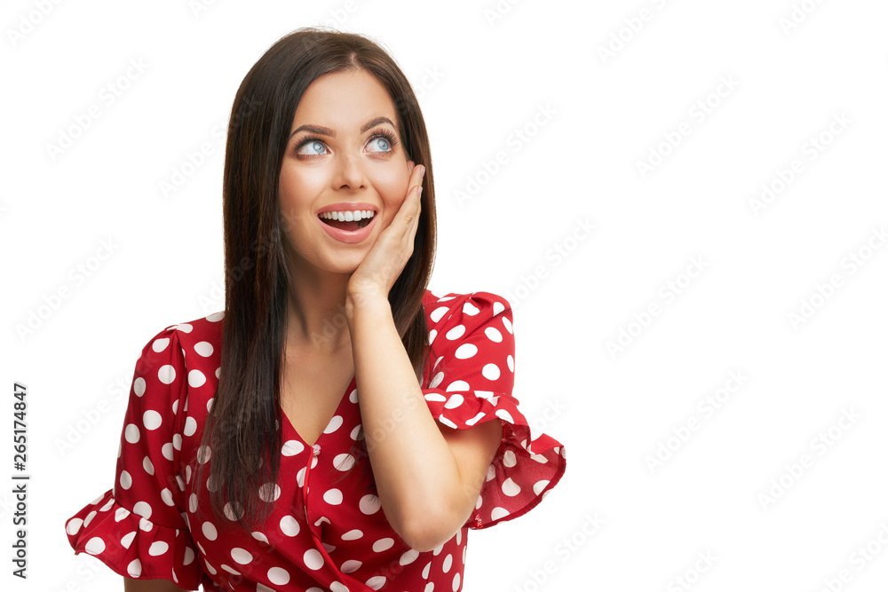 Caucasian brunette woman having fun and smiling isolated over white background Caucasian brunette woman having fun and smiling isolated over white background