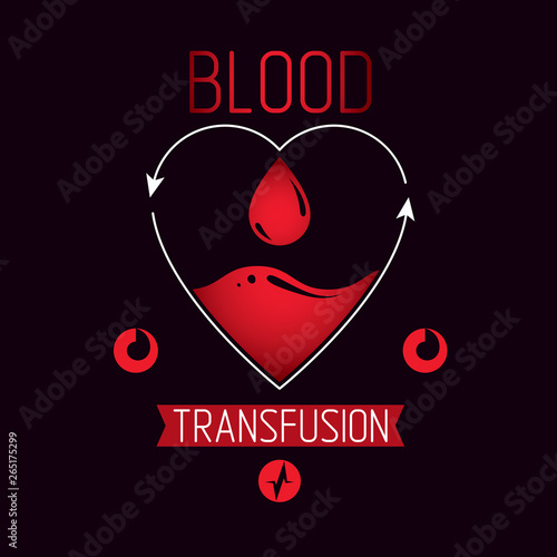 Blood transfusion vector symbol created with red heart shape with arrows and blood drops. Volunteer donorship, healthcare and medical treatment conceptual logo.