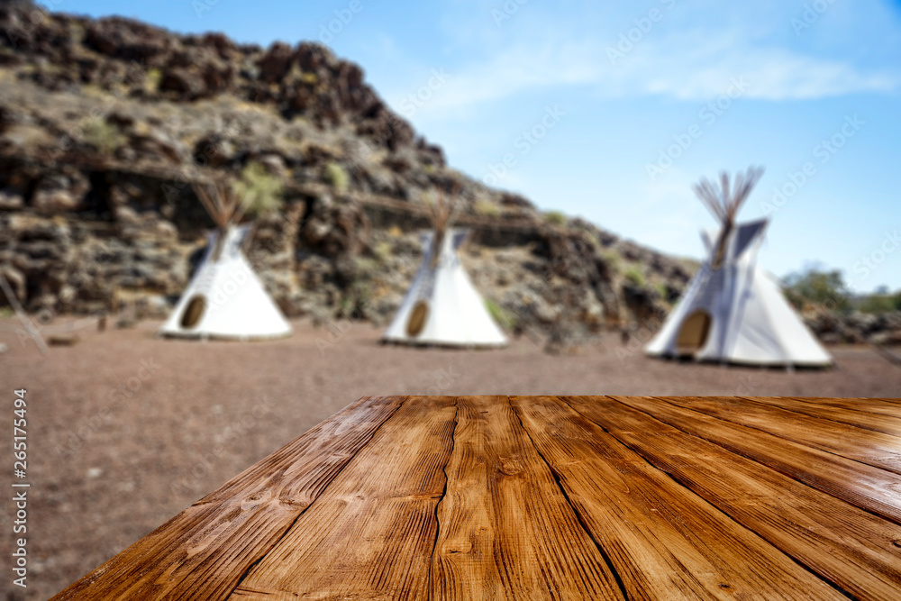 Desk of free space and summer background of tent Desk of free space and summer background of tent