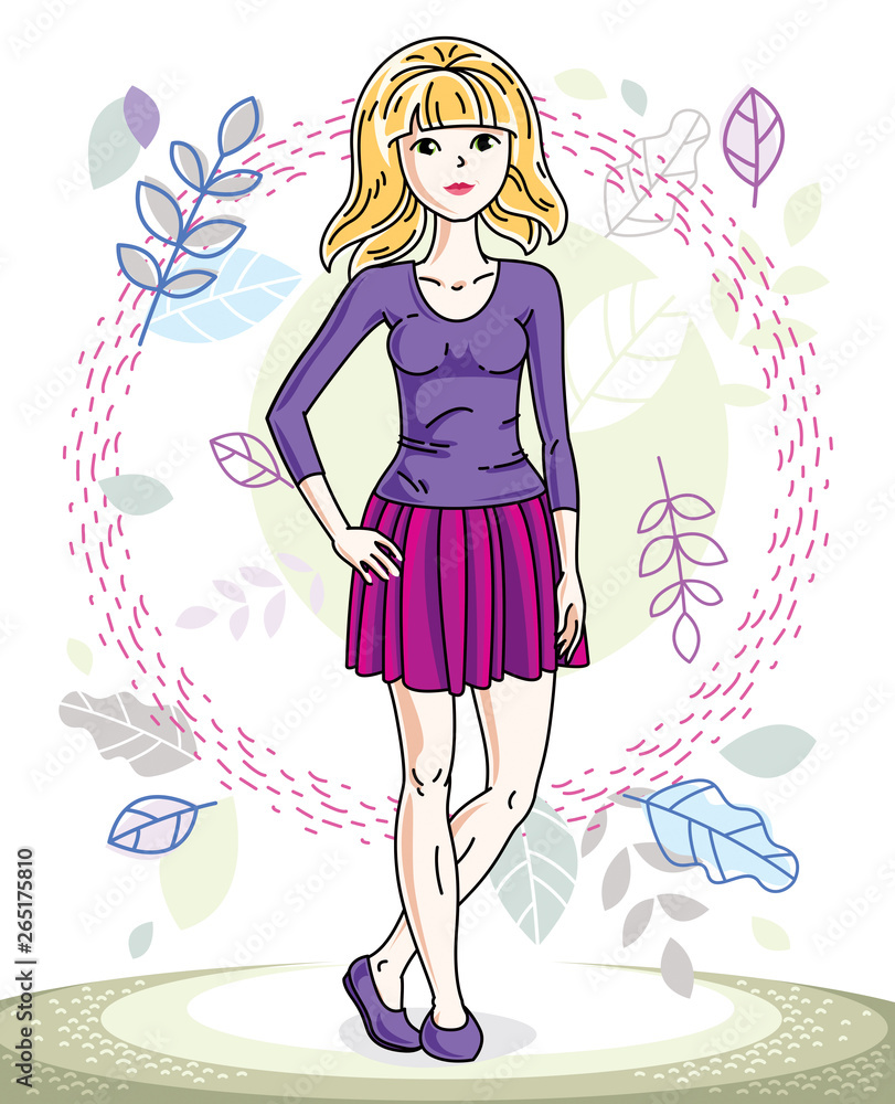 Attractive young blonde woman standing on background of spring landscape and wearing stylish casual clothes. Vector human illustration. Attractive young blonde woman standing on background of spring landscape and wearing stylish casual clothes. Vector human illustration.