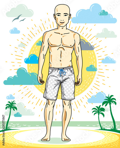 Handsome hairless young man standing on tropical beach in bright shorts. Vector athletic male illustration. Summer vacation lifestyle theme cartoon.
