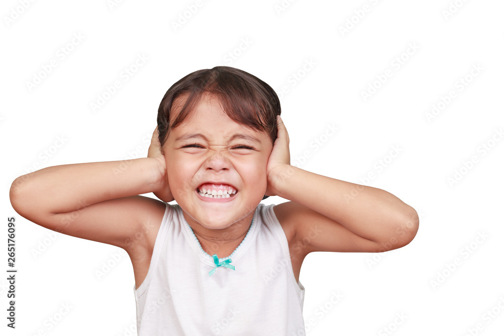 Girl covering ears ignoring annoying loud noise on white studio background. Girl covering ears ignoring annoying loud noise on white studio background.