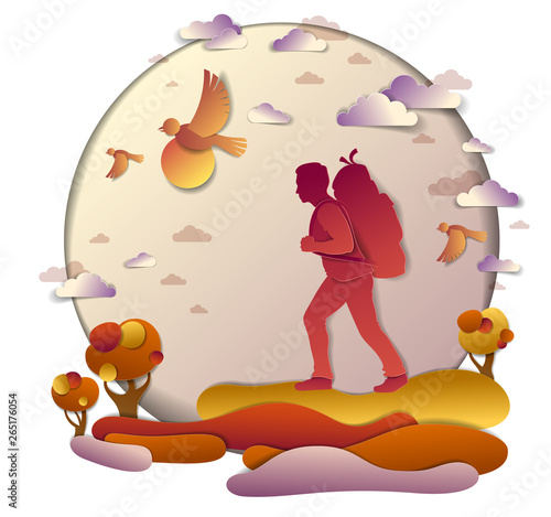 Young active man hiking in autumn to nature with grasslands and trees, vector illustration of beautiful autumnal scenic landscape, birds in the sky, vacation.