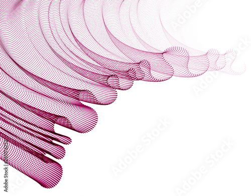 Vector abstract background with wave of flowing particles, smooth curve shape lines, transparent tulle textile on wind. 3d shape dots magic blended mesh.