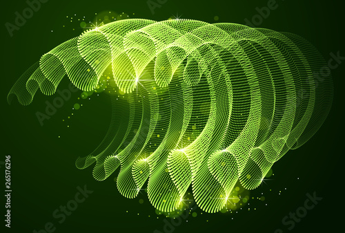 Vector abstract background with magic wave of flowing particles over dark, smooth curve shape lines, transparent tulle textile on wind. 3d shape dots magic blended mesh.