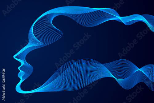 Technological time Spirit vector visualization in shape of human head made of dotted particles array flow in curve shapes, vector futuristic illustration.